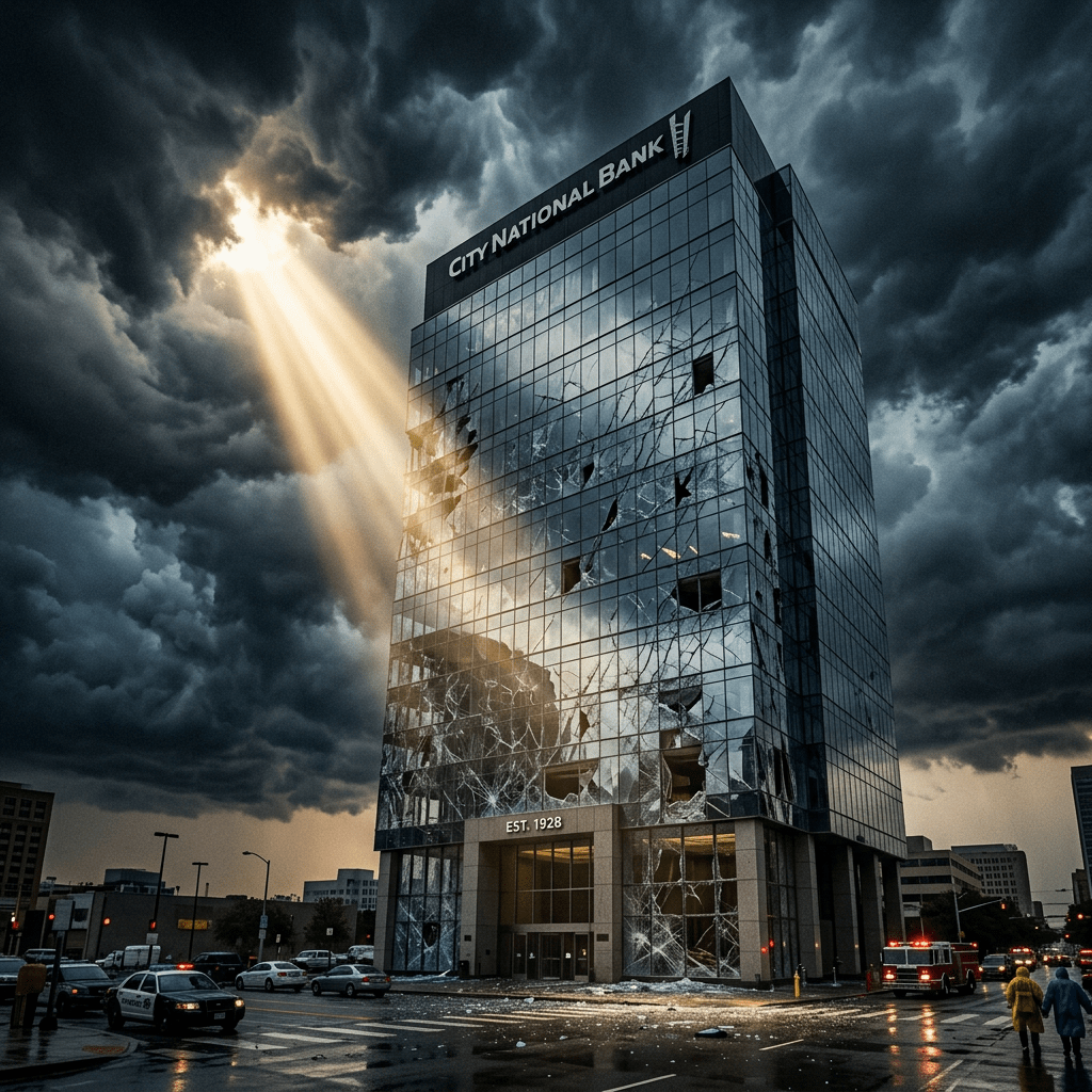 City National Bank building with shattered glass windows and sun rays breaking through dark clouds